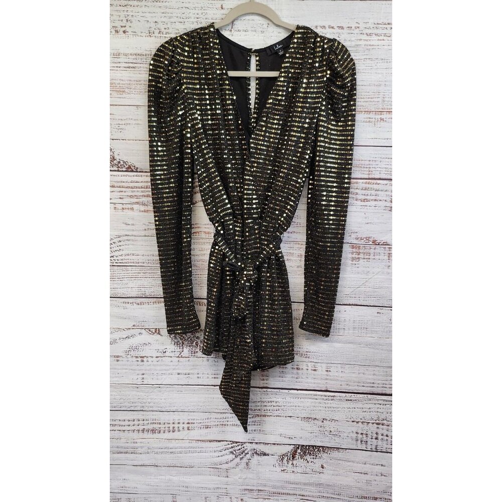 Lulus Bettie Black Metallic Gold Black Long Sleeve Romper Jumpsuit Sparkly Small